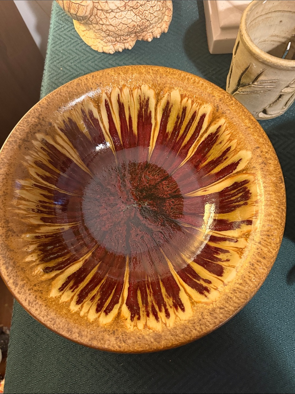 Decorative Ceramic Sunburst Bowl in Brown and Yellow